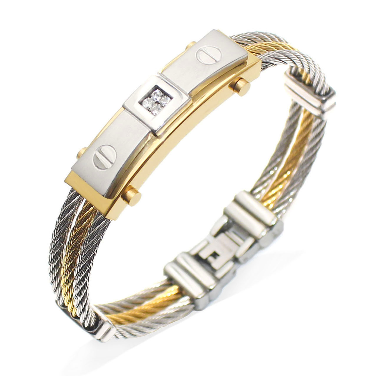 

Three Circle Steel Wire Braided Hemp Rope Bracelet with Gold Inlaid Diamond Men's