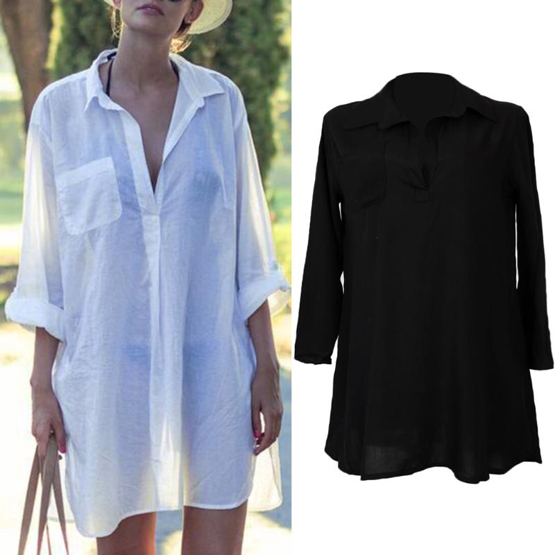 

Women's Swimwear Ladies Sheer Long Sleeve Blouse Casual Oversize Kaftan Sarong Shirt Beach Wear Bikini Swimsuit Cover Up Tops S-XL, White xl
