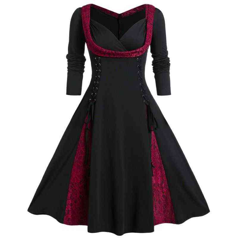 

Plus Size Renaissance Long Sleeve Lace Up Women's Halloween Come Vintage A Line Dress For Spring Autumn T220813, Red