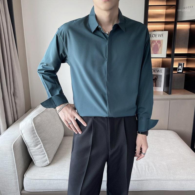 

Men' Casual Shirts Solid Color Men Business Dress Shirt 2022 Autumn Long Sleeve Social Party Streetwear Light Luxury Camisa Masculina, Gray