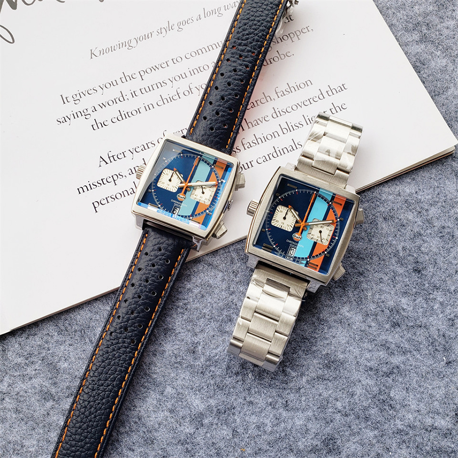 

Luxury Top MONACO Quartz Tag Mens Watch Stainless Steel Band Watches VK Chronograph Wristwatch Leather Strap, Box