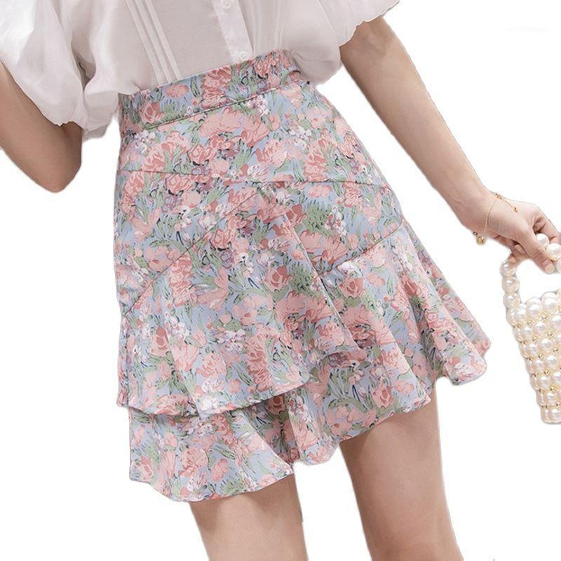 

Skirts Faldas Cortas Floral Sweet Style A-Line Women Skirt 2022 Summer Ruffle Zipper High Waist Womens Chiffon Mini Clothing, Blue