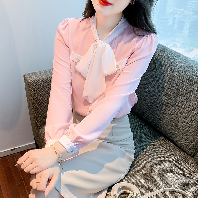 

Women' Blouses & Shirts Early Autumn Chiffon Shirt Women' Pullover Fashionable Bow Lace-up Loose Long Sleeve Bottoming Top Pink Blusas, Picture color