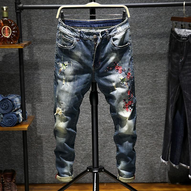 

Good Quality Men's Embroidery Jeans Men Cotton Pencil Pants Slim Fashion Cowboy Denim Trousers Holes D Jenas, Blue