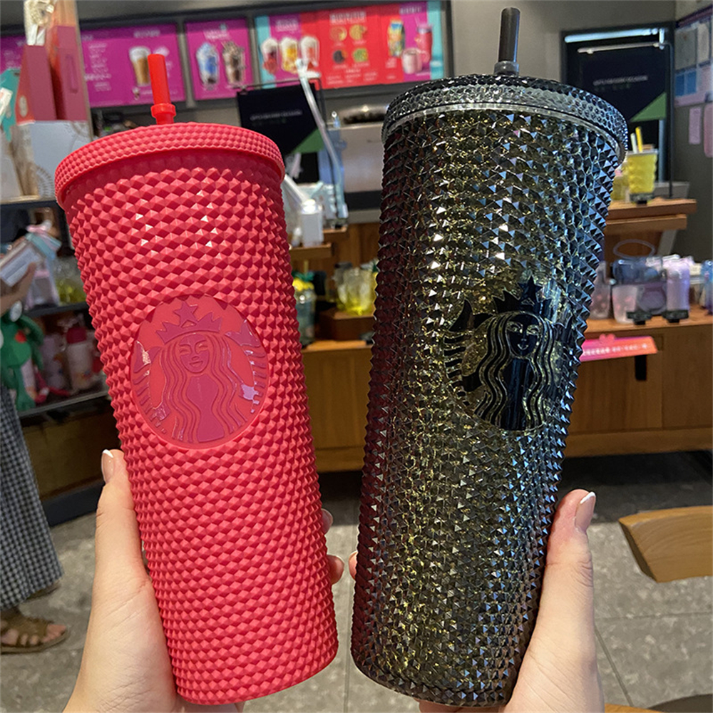 

Fast Delivery Starbucks Cold Tumblers with LOGO Studded Godness 24oz 710ml Mugs Double Wall Matte Plastic Coffee Cups With Straw Reusable Clear Drinking, 1lot=1cup+1lid+1straw