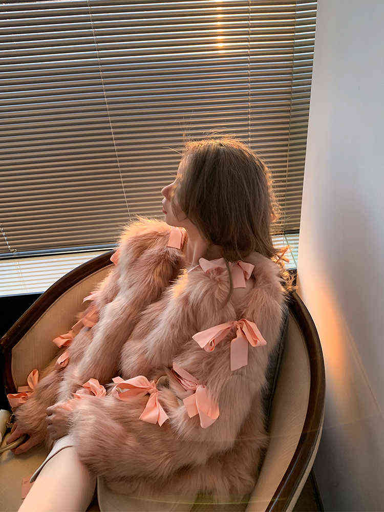

Sweet Women' Winter Pink Faux Fur Long Sleeve Coat Warm V-neck Strap Outwear G5 T220810