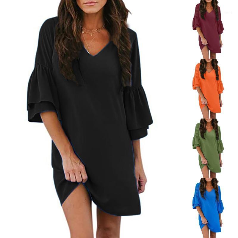 Robes décontractées femmes été tunique robe col en V ample Flowy Swing Shift couleur unie demi manches Mini fête # Y10