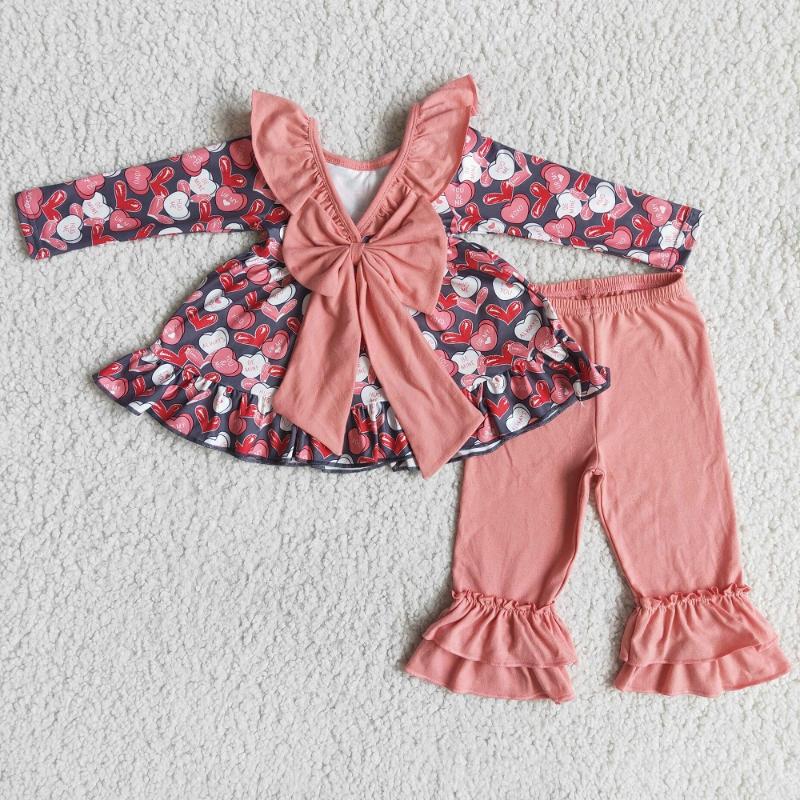 

Clothing Sets Wholesale Toddler Valentine Day Spring Boutique Kids Pink Ruffle Heart Top Children Outfit Baby Girl Fashion Love Pants, White