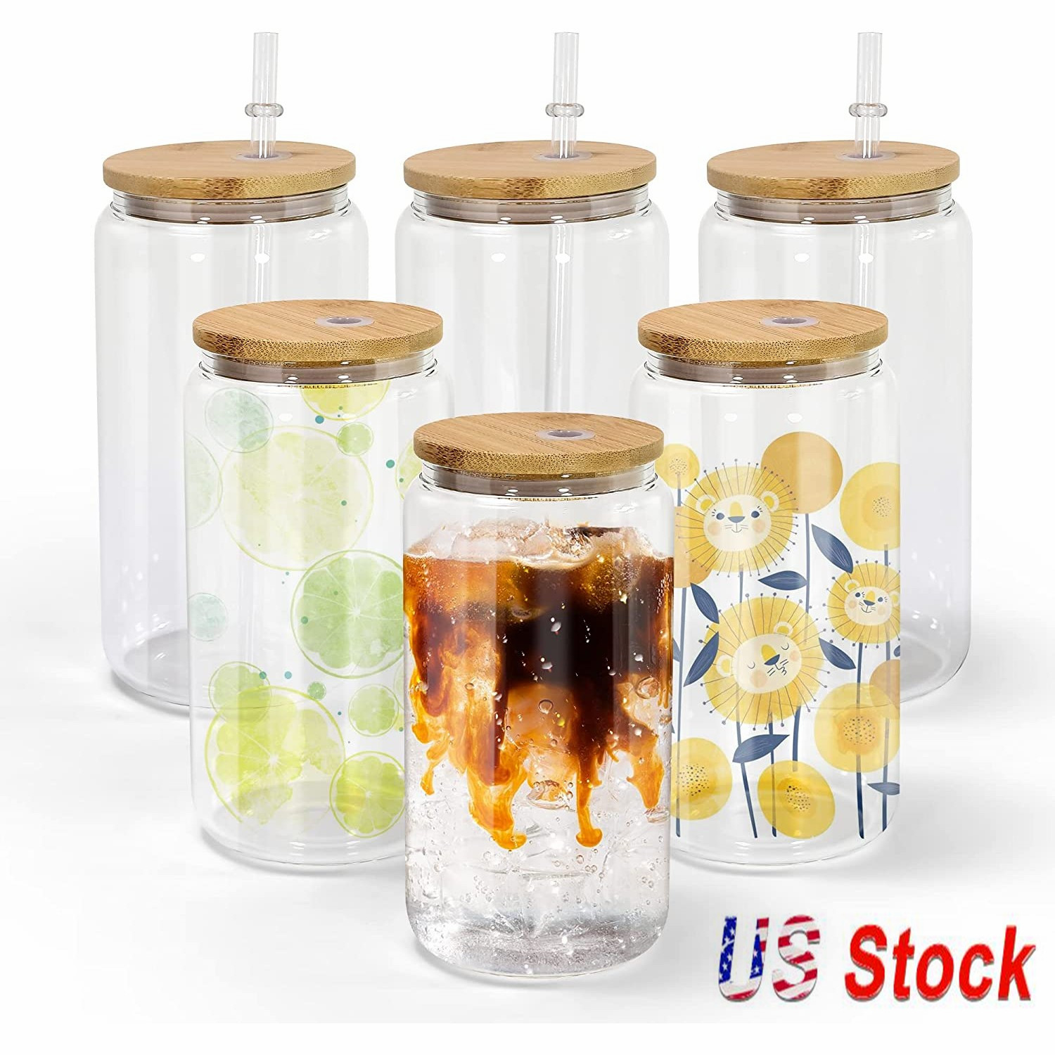

US STOCK 12oz/16oz Sublimation Blank Tumblers Glass Beer Mugs Can Shaped Cups Soda Drinking Mason Jar Juice Glasses Bottles With Bamboo Lid And Reusable Straw, Clear