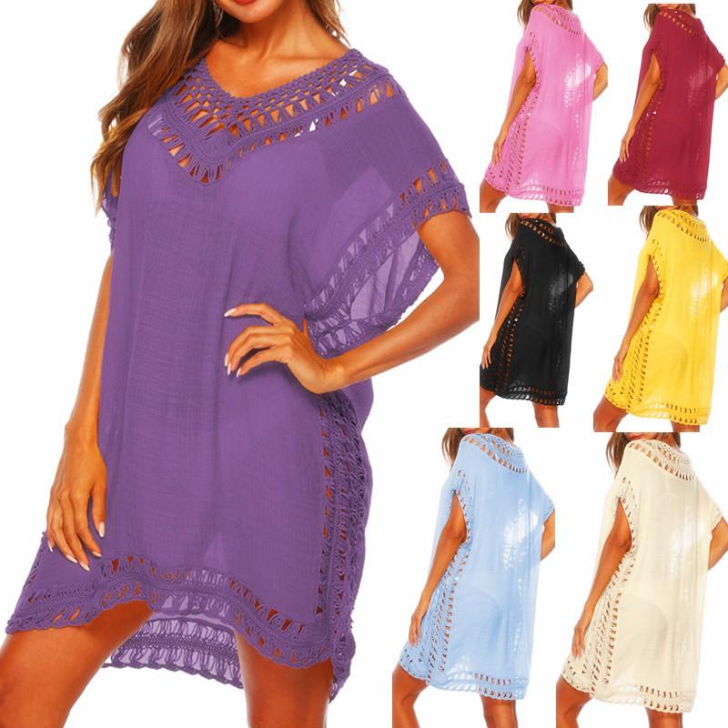 

Women's Swimwear European And American Fashion Solid Color V-neck Hook Stitching Blouse Sexy Hollow-out Loose Beach Skirt 2022Women's, Red dress
