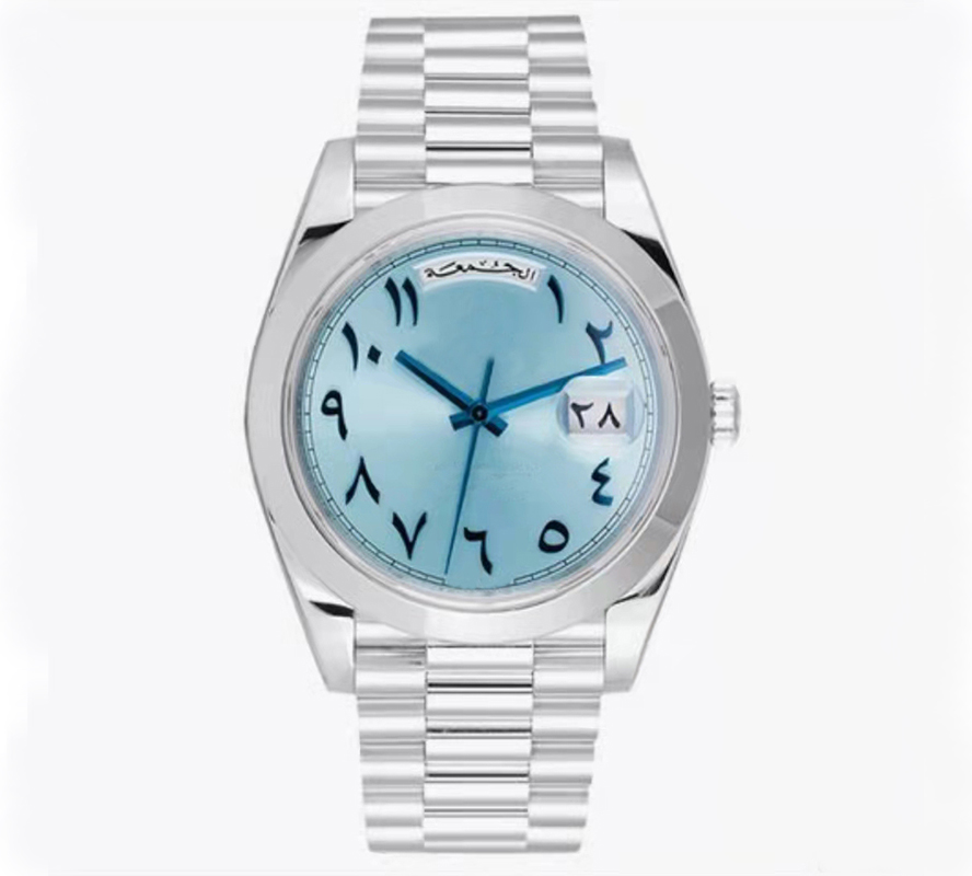 

2022 Stickers Men Mens 40mm DayDate Ancient Arabic Automatic Watches Platinum Movement Mechanical Sapphire Sweeping Stainless Steel Wristwatches, Box