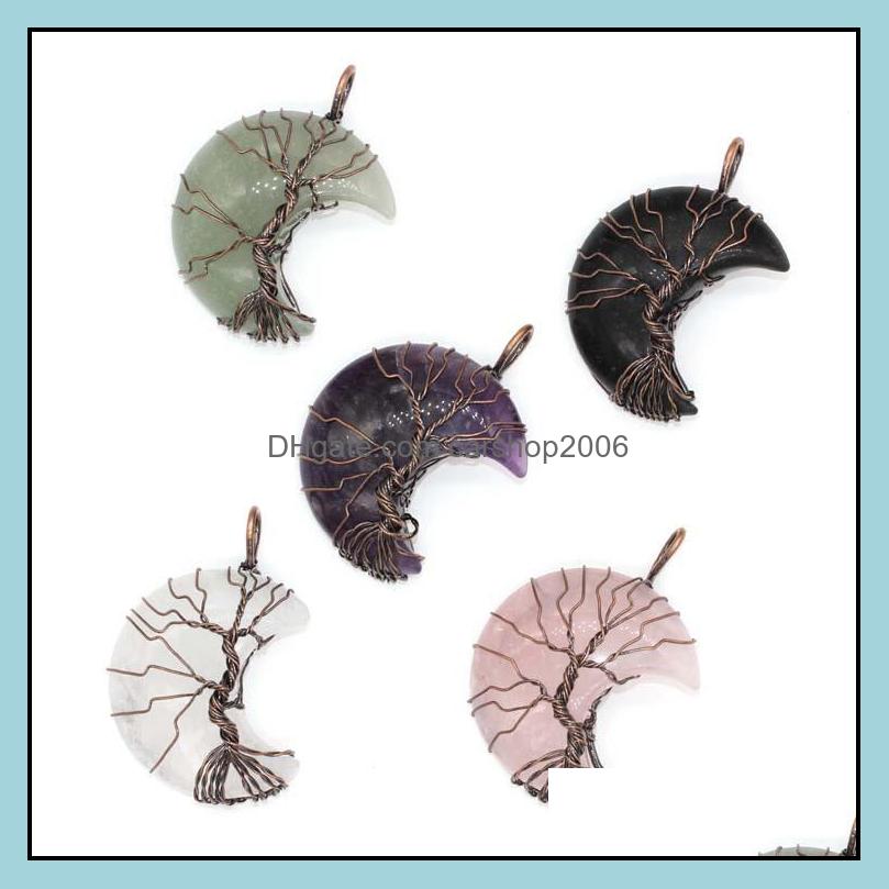 

Pendant Necklaces Pendants Jewelry Jln Vintage Crescent Moon Shape Wire Wrapped Gemstone Amethyst Tiger Eye Quartz Stone Charm With Brass