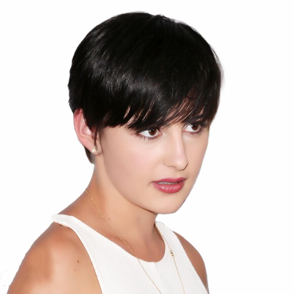 

Short Human Hair Wigs Pixie Cut Straight perruque bresillienne for Black Women Machine Made Wigs With Bangs, #1b