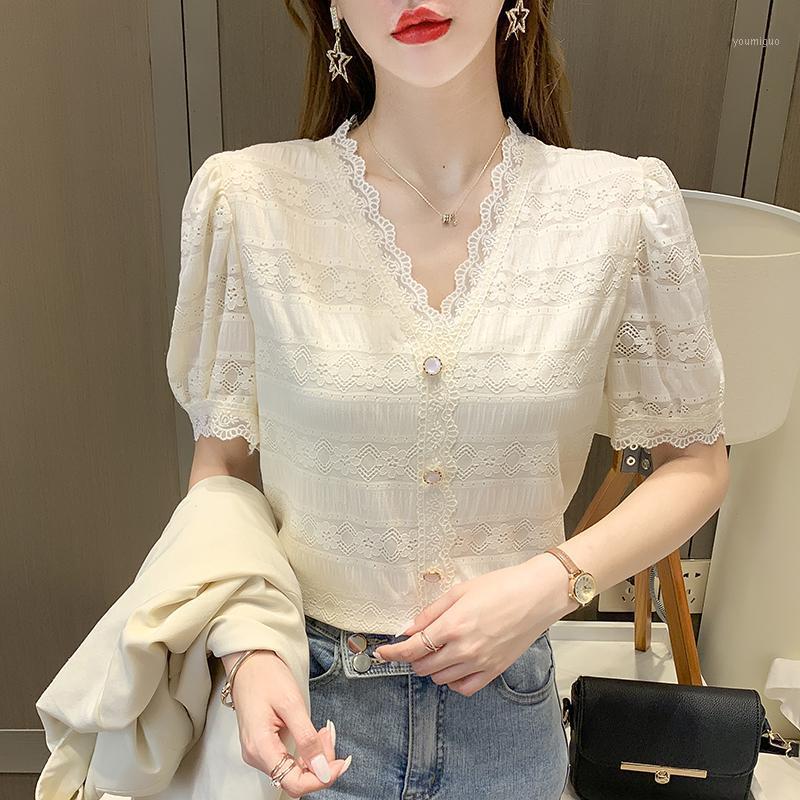 

Women' Blouses & Shirts Arrivals 2022 Summer Short Sleeve Lace Tops Fashion Casual V-Neck Hollow Out Women Blouse Shirt Plus Size Female Bl, Beige