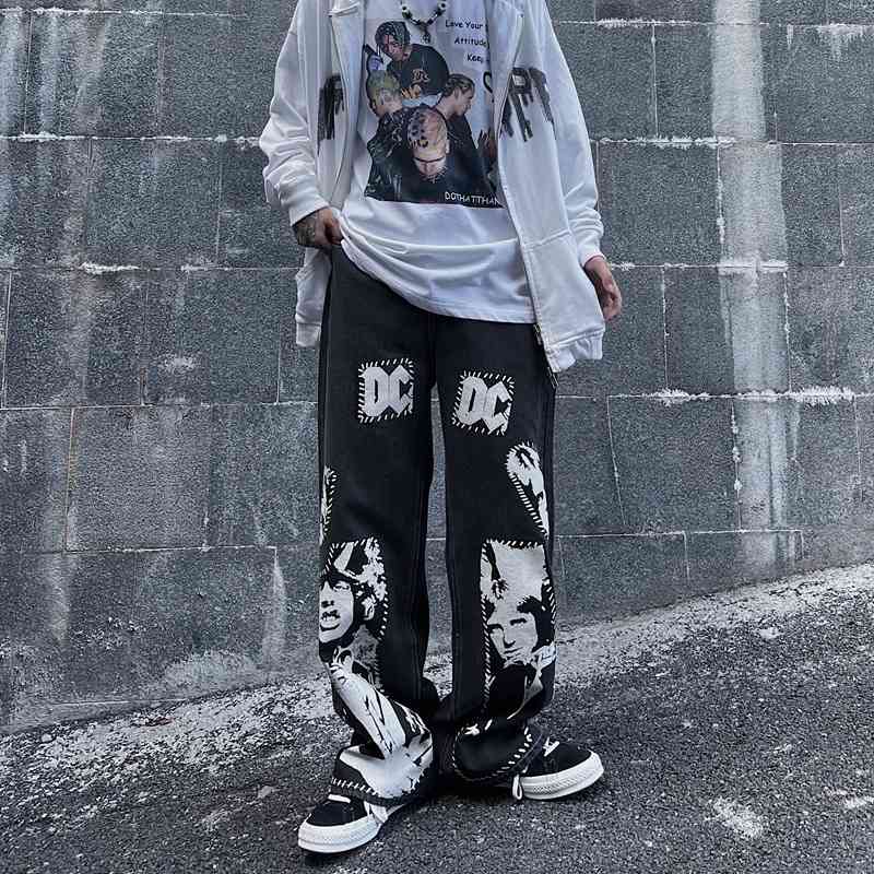 

Hip hop fashion brand Street Style Patch cloth straight tube wide leg denim pants for men and women, Black