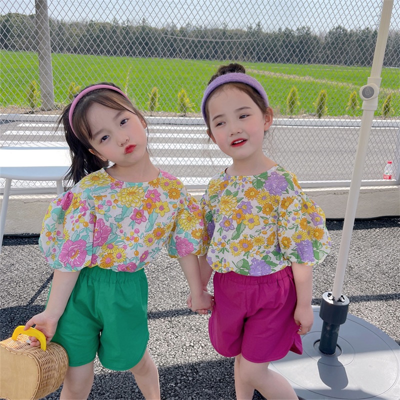 

summer Baby T-shirts Tops pink purple flower pattern amusing children girls clothes korean Kids Tees Clothing 3 E3, Colors mix