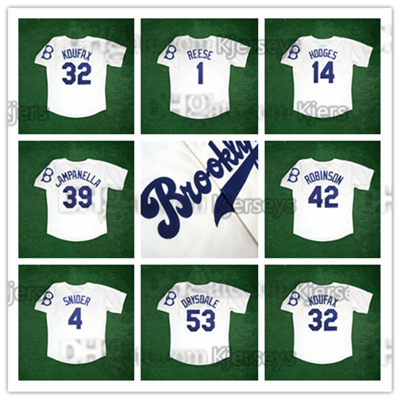

Vintage 42 Jackie Robinson Brooklyn baseball jerseys Men's Home White Cooperstown Jersey Sandy Koufax Pee Wee Reese Gil Hodges Roy Campanella Duke Snider Don, As