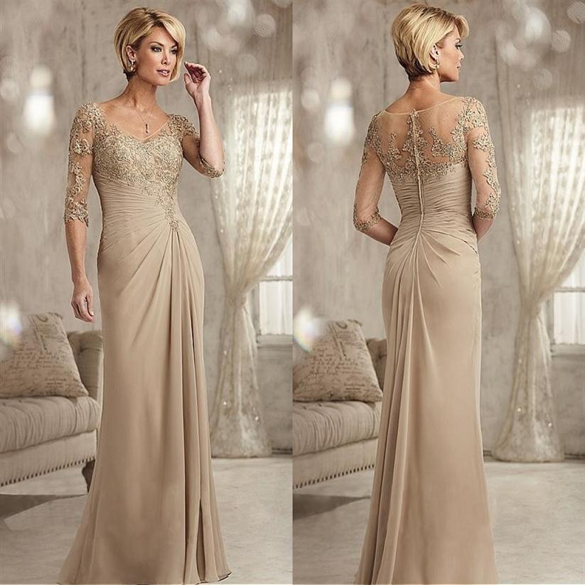 

New Beaded Lace Champagne Mother of The Bride Dresses Plus Size 2022 Chiffon Half Sleeves Groom Godmother Evening Dress For Weddin2336