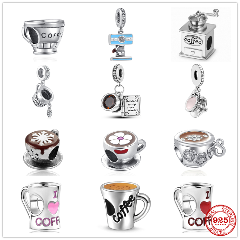 

925 Silver Fit Pandora Charm 925 Bracelet Coffee Cups & Coffee Machines charms set Pendant DIY Fine Beads Jewelry