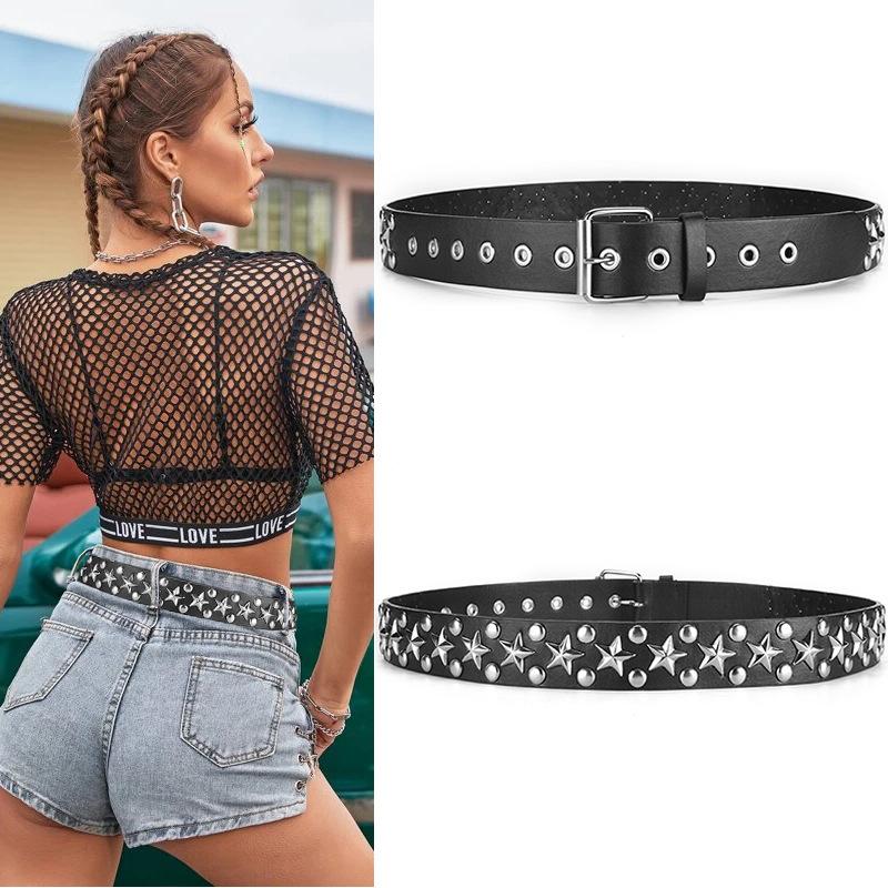 

Belts Trend Unisex Belt Europe And America Five-pointed Star Rivet Air Eye Pin Buckle All-match Punk Style Decorative BeltBelts, Black