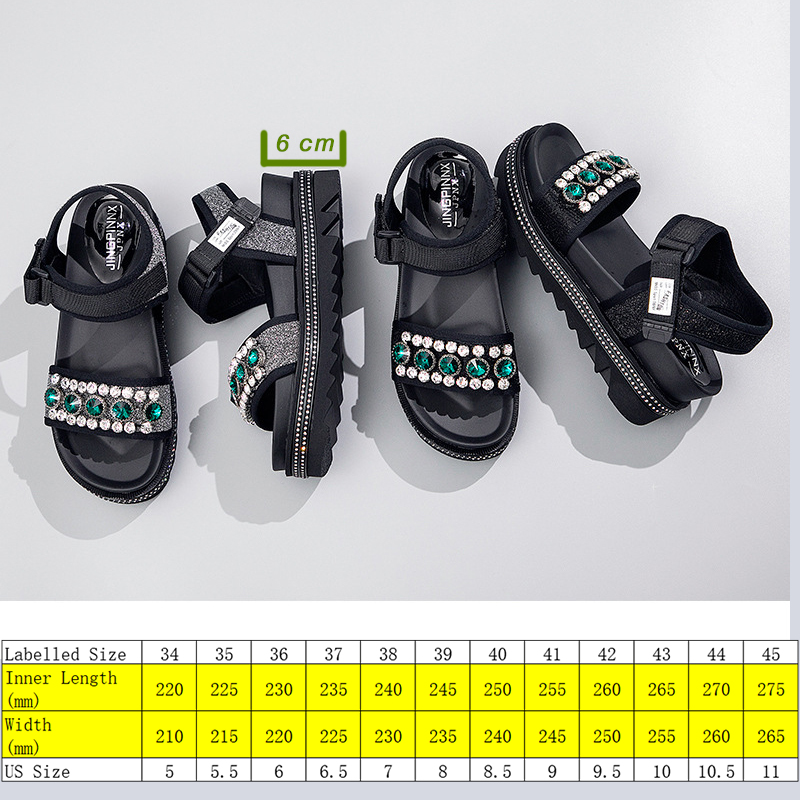 

6cm Genuine Leather Wedge Sandals Platform Shoes Women Summer Rhinestone Luxury Buckle Strap Elegant Cute Beach Shoes, Black