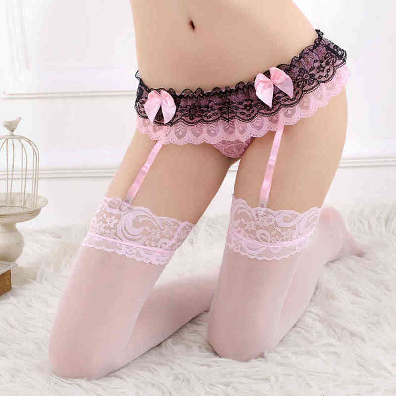 

NXY Sexy Set Lace Garter Belt Lingerie Suspender Stockings Elastic Long Stocking G string Underwear 1126, Pink