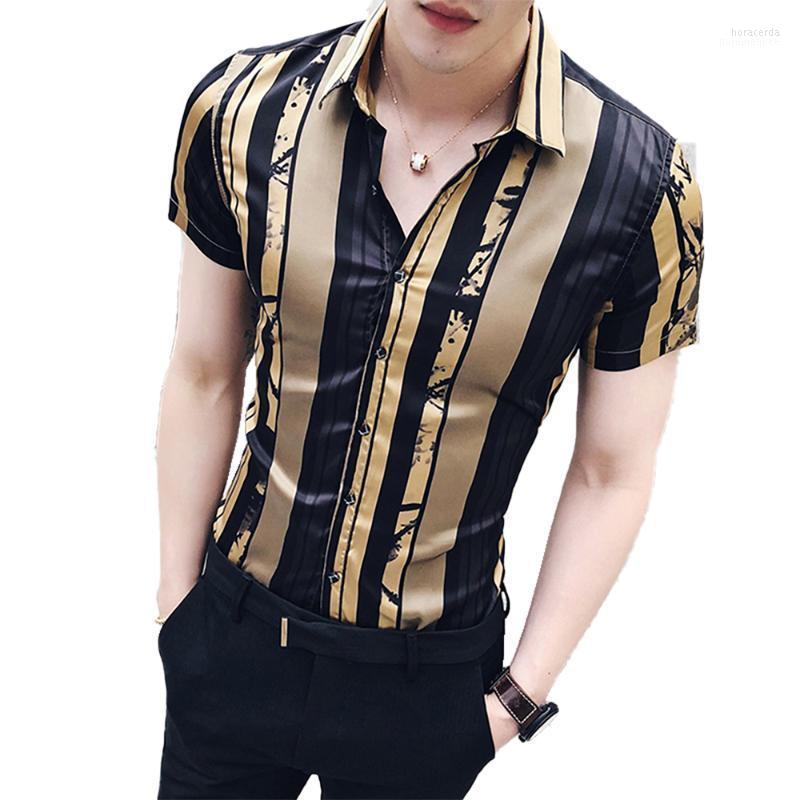 

Men's Casual Shirts Summer Mens Fashion Boutique Printed Short-sleeved Shirt Hawaiian Male Slim Tight-fitting Striped ShirtsMen's Hora22, C070
