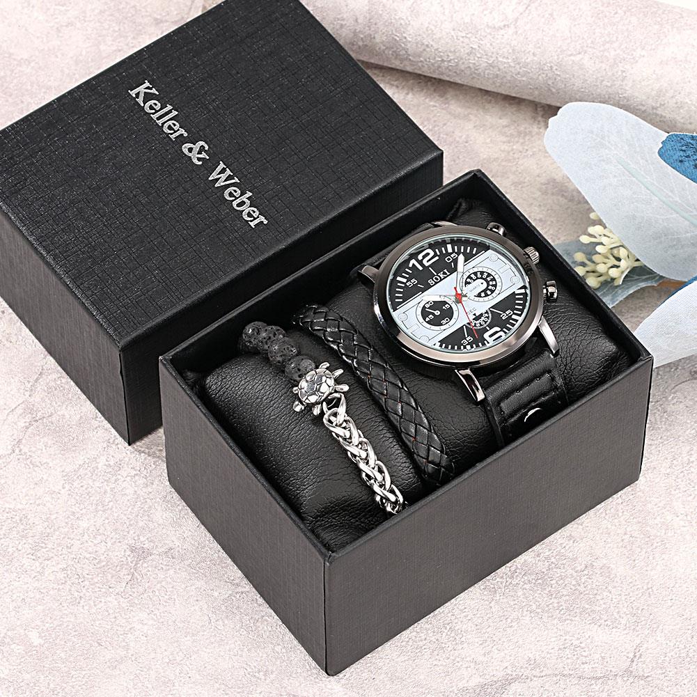 

Men Watch Bracelet Set Black Leather Quartz Wristwatches Luxury Watches Business Clock For Boyfriend Husband Reloj Hombre, Only black watch