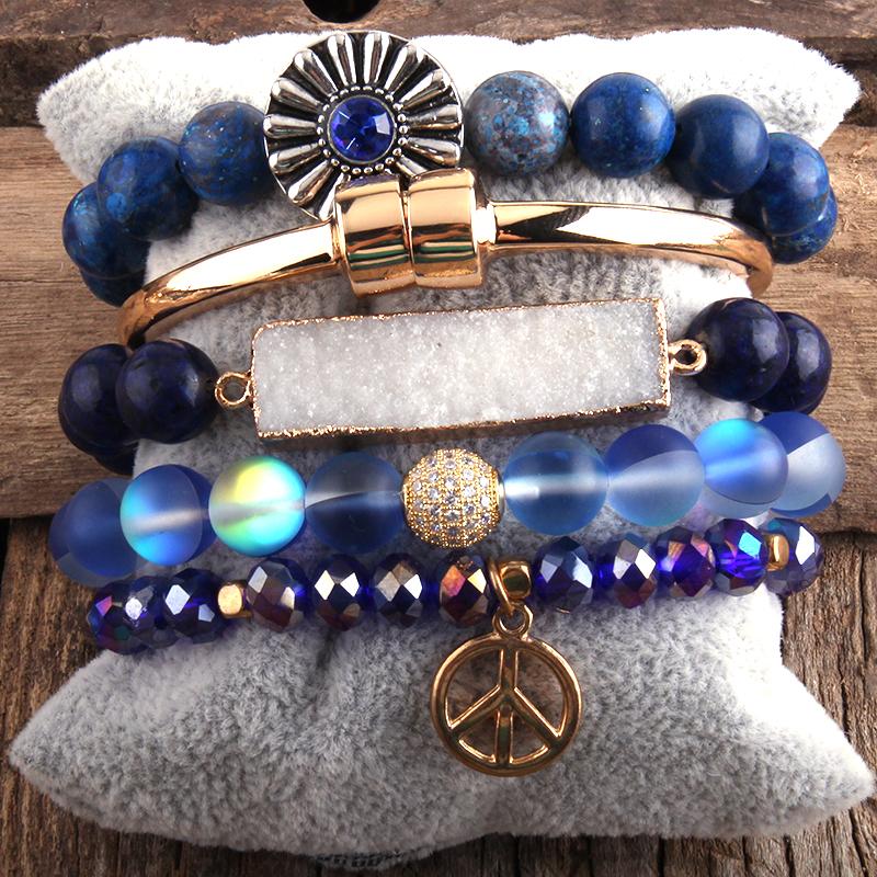 Brins en perles rh mode bracelet en verre de pierre naturelle Ensemble bracelet perlé 5pc Bracelets multiples ensembles pour femmes bijoux