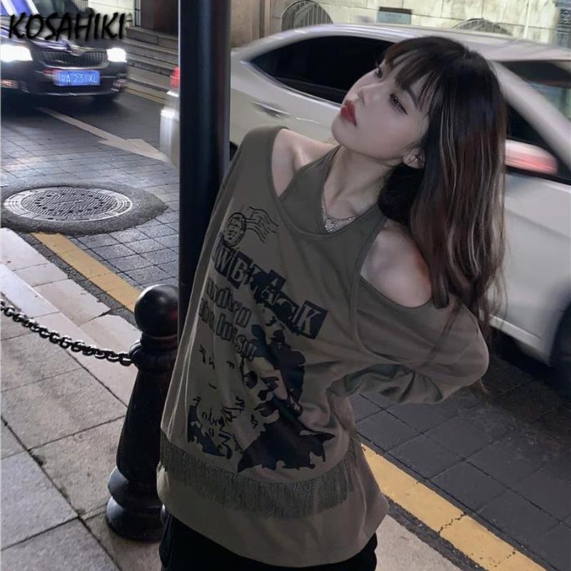 

Women's Hoodies & Sweatshirts KOSAHIKI Women Letter Print Halter Top Korean Y2k Fashion Pullover Long Sleeve Spring Autumn Casual Loose Hood, Green