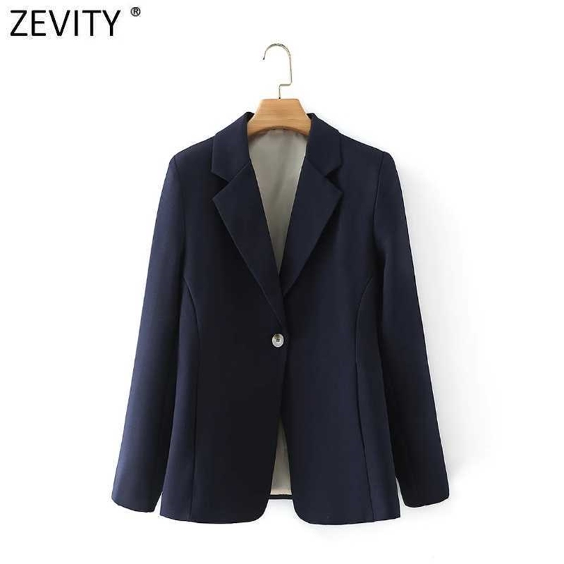 

Zevity Women Fashion Single Button Navy Blue Fitting Blazer Coat Office Long Sleeve Business Femme Outerwear Chic Tops CT687 210603, As pic ct687dt