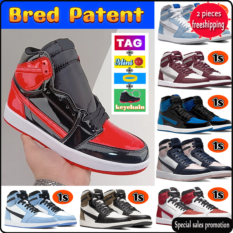 

2022 Designer 1 1s Mens Basketball shoes Patent Bred Bordeaux University Blue dark mocha Chicago Men Sneakers Twist Hyper Royal Toe UNC Light NB, #11- satin black toe