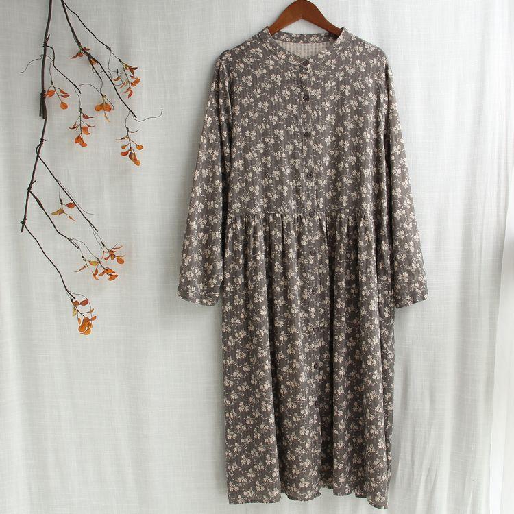 

Casual Dresses FairyNatural Women Retro Flowers Print Cotton Stand Collar Female Autumn Long Sleeve Dress Mori Girl 2022 Summer, Black;gray