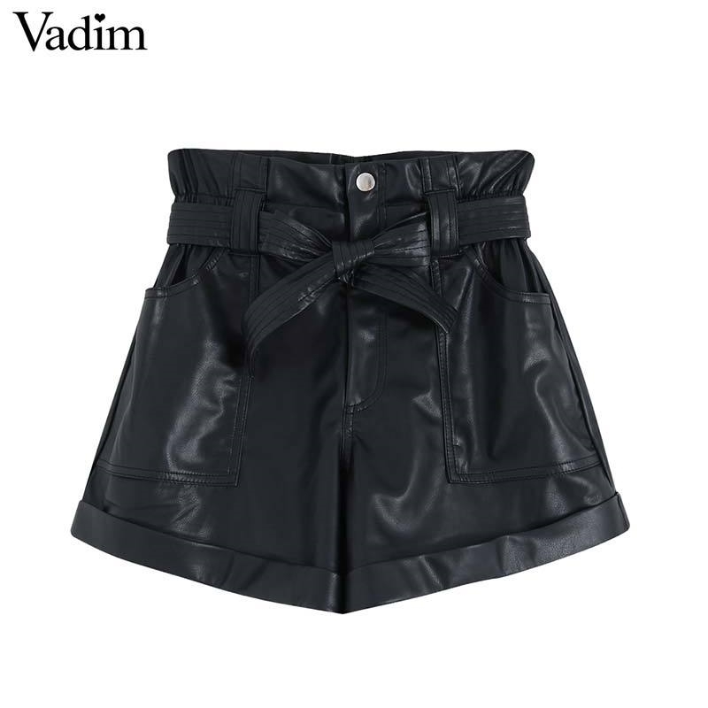 

women pu leather black shorts zipper fly elastic waist pockets female casual shorts bow tie sashes pantalones cortos SA190 Y200403