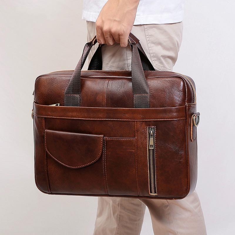 

Genuine Leather 15.6" Laptop Bag For Men Multi-functional Briefcase Handbag Casual Fashion Crossbody Computer Briefcases, Brown