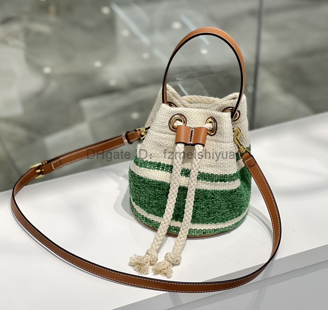 

High-Quality Drawstring Colorblock Bucket Bag Wool Fabric Tote Bag With Cowhide Shoulder Strap Ladies Commuters Shoulders Crossbody Bags, Style 3 - green