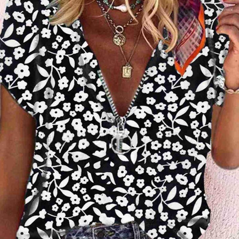 

Women' T-Shirt Sexy Summer Women Half Sleeve Shirt Top Casual Zipper Plus Size TShirt Sling Pullover Tops Elegant V Loose Female Neck Blou