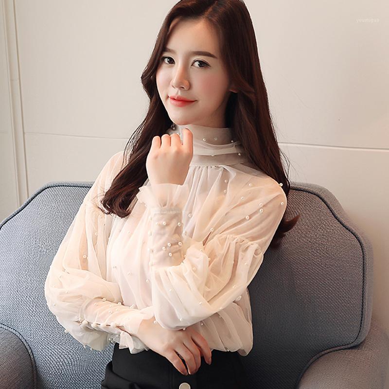 

Women' Blouses & Shirts Mesh Sexy Women Blouse See Through Lantern Sleeved Beaded Office Lady Elegant Outwear Coat Tops, Gray