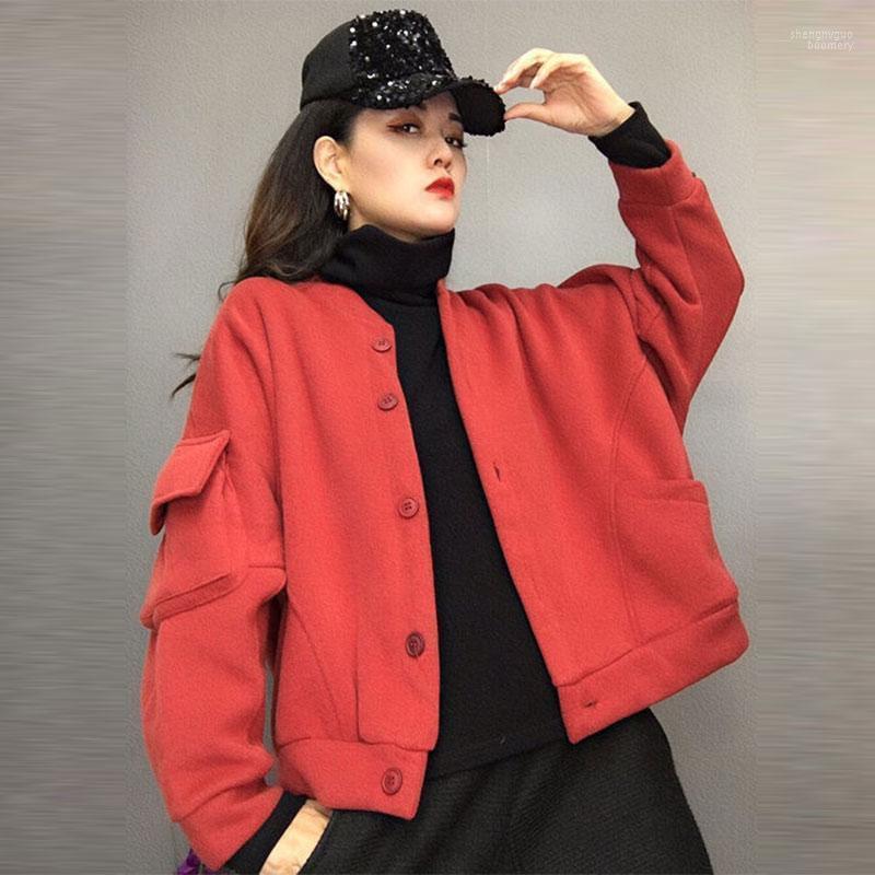 

Women's Jackets 2022 Spring Autumn Arts Style Women Long Sleeve Single Breasted Cotton Casual Short Coats Big Pocket Solid Loose V443, Red