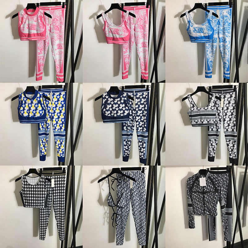 

2022 Designer Summer Women' Two Piece Pants U-neck Sleeveless Tops + Skinny High Waist Pants Letters Printed Casual Sports Suit, Ivory