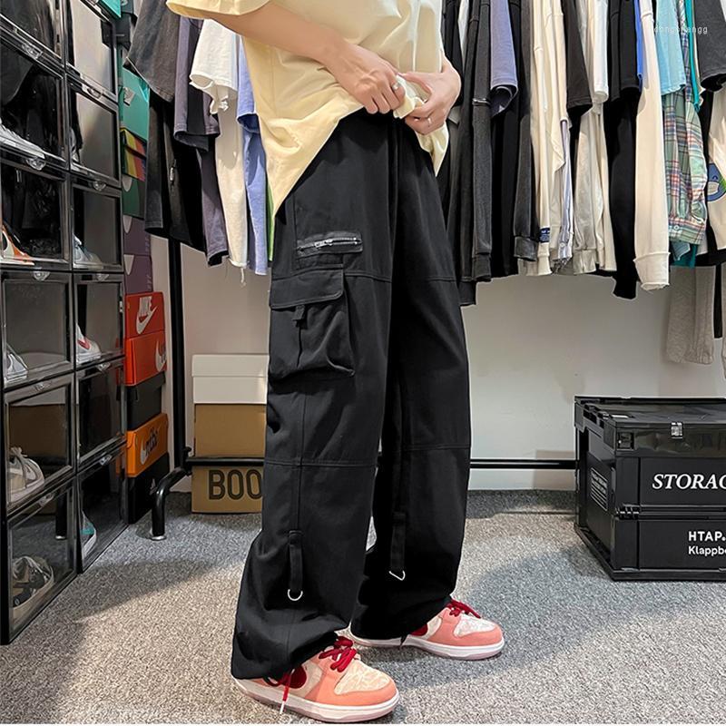 

Men's Pants Casual Solid Loose Straight Cargo Pant Male Elastic Waist Ankle-Length For ManMen's, Black