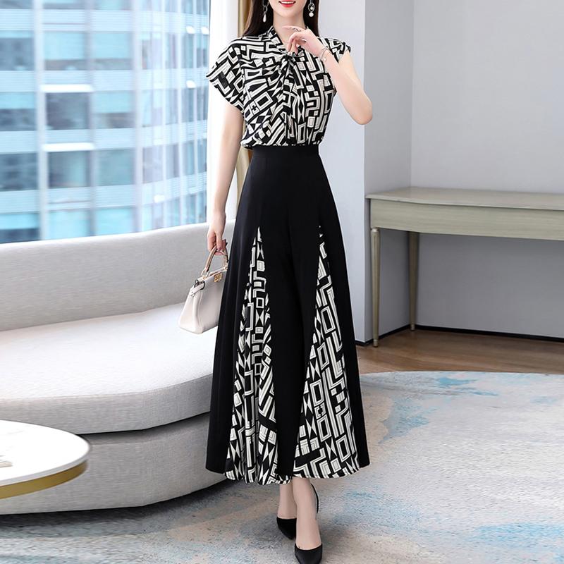 

Women's Two Piece Pants Summer Geometric Print Patchwork Vintage Women Sleeveless Shirt Top Casual And High Waist Straight Wide Leg 2 SetWom, Black