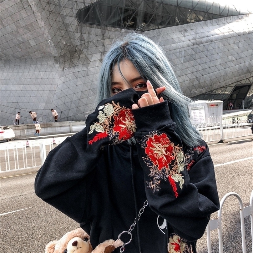 

HOUZHOU Harajuku Oversized Hoodie Chinese Style Embroidery Autumn Winter Velvet Couple Pullover Streetwear Sweatshirt 220406, Black