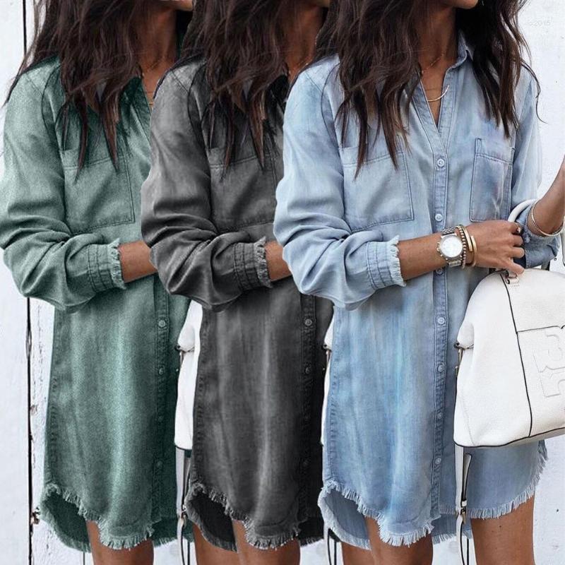 

Casual Dresses Fashion Women Long Sleeve Loose Denim Shirts Dress Summer Female Mini Ladies Turn-down Collar Shirt Short, Black