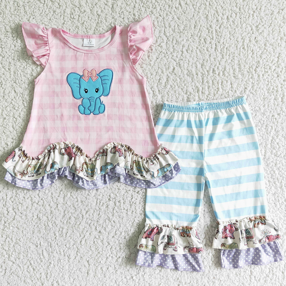 

New Fashion Baby Girl Clothes Short Sleeve Fall Set Cute Elephant Embroidery Boutique Kids Clothing Girls Outfits Wholesale Children Kid Outfits High Quality, Burgundy
