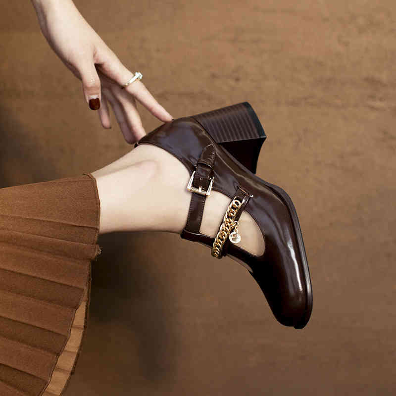 

Dress Shoes Spring Mary Jane single shoes women's square head thick heel metal chain slotted leather NDNK, 1# shoe box