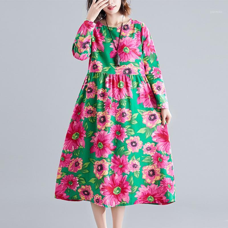 

Casual Dresses Fashion Lady O-neck Floarl Print A-line Dress Fit And Flare Pleated Nice Autumn Winter Women Robe Femme#J31, Gray