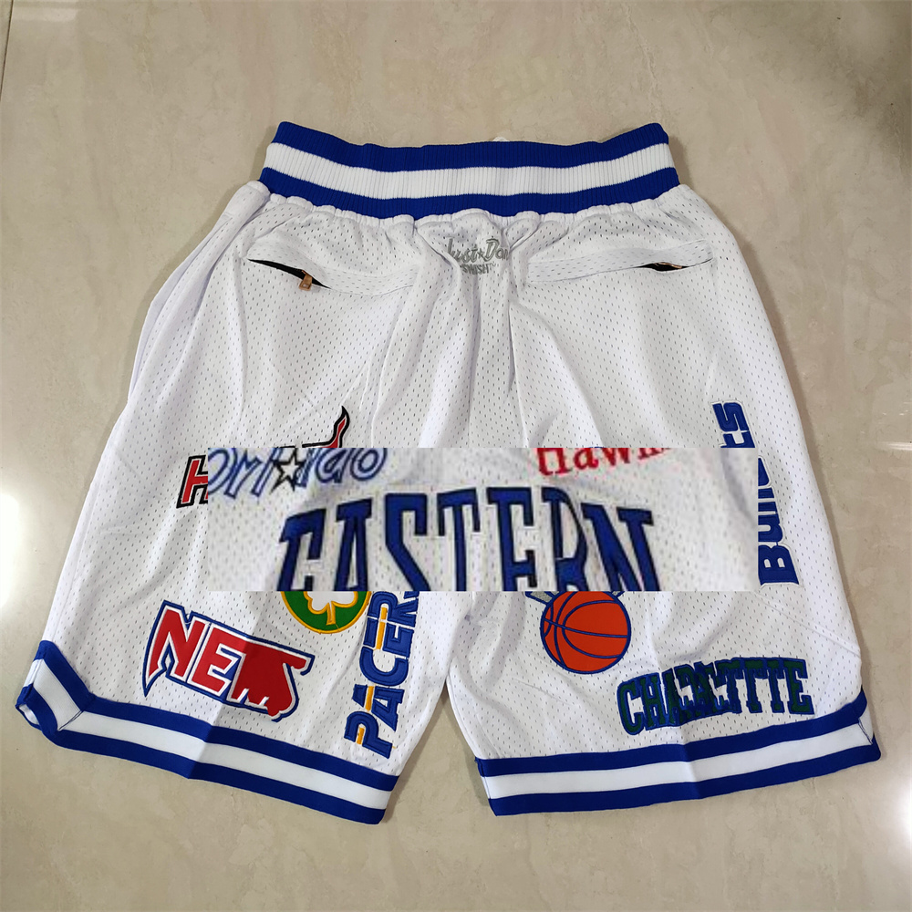 

All-Star Eastern Basketball Shorts Real Embroidered white JUST DON Mitchell and Ness With 4 Pocket Zipper Sweatpants Mesh Sport Pants Mens S-XXL, Color