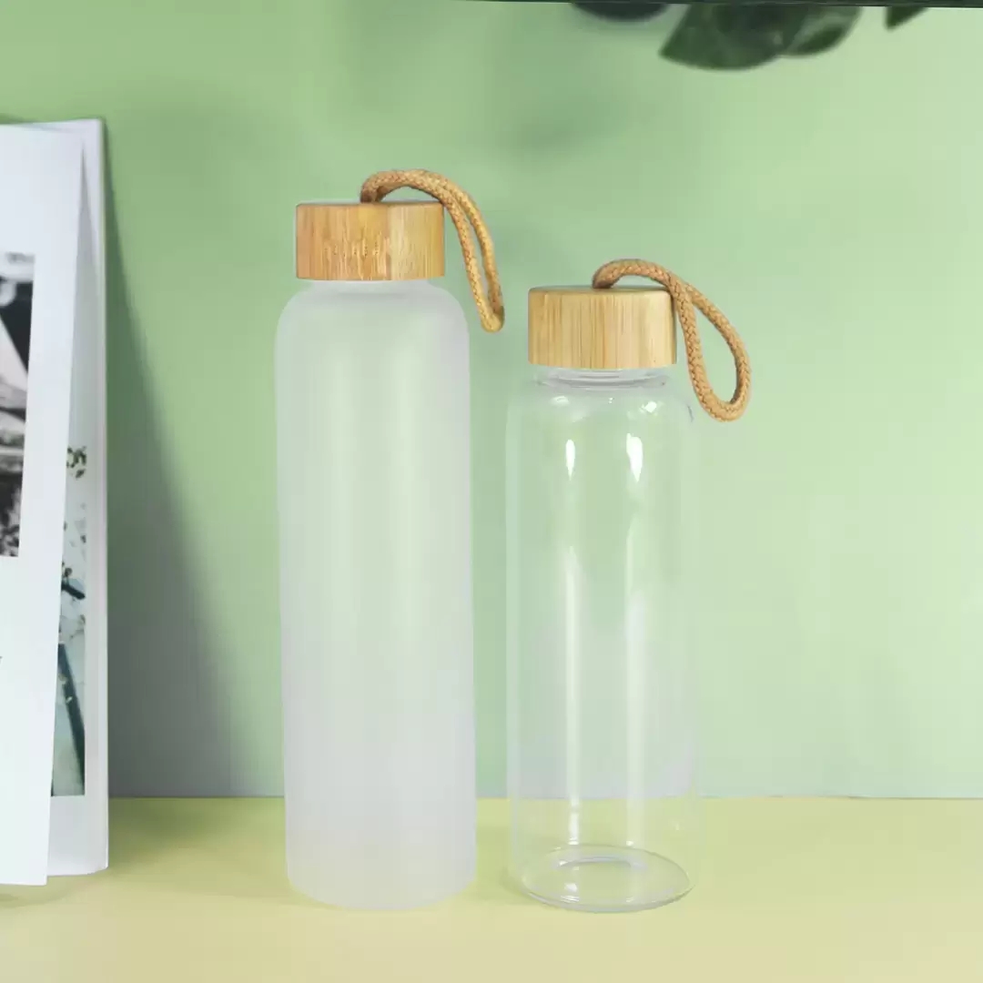 

500ml Sublimation Clear Frosted Glass Water Bottles With Bamboo Lid And Straw Straight Glass Mugs Cups Summer Drinking Tumblers, White