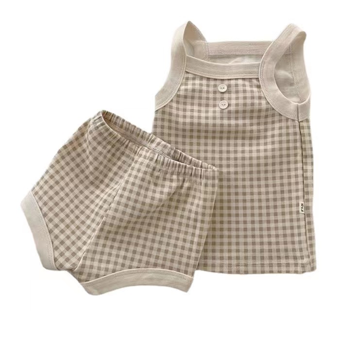 

Baby Kids Sets children's Cute 100% Cotton Suspender Cool Vest Shorts Suit Home leisure wear Summer Age Range 73-120 CM Plaid Print Pullover Casual Brief Clothing, Beige grid